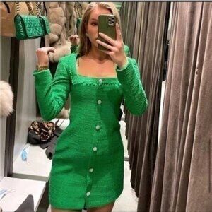 NWOT ZARA Textured Weave Boucle Dress with Jeweled Buttons size M